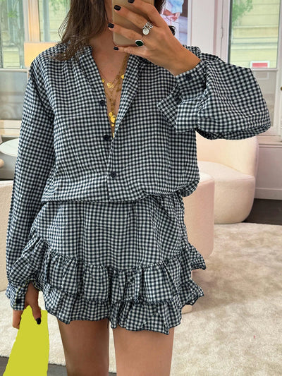 Women's Aesthetic 2 Piece Clothes Outfits Sets Plaid Long Sleeve Button Down Shirts Tops Tiered Ruffle Skirted Shorts Loungewear