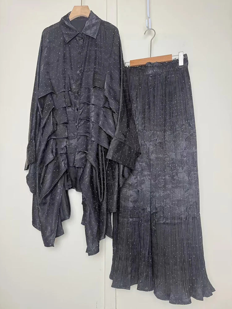 2025 Summer Women's Retro Geometric Printed Multi layered Flaw Loose Irregular Shirt Set+High Waist Wide Leg Pants Fashion Set