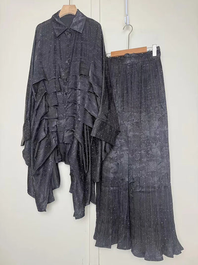 2025 Summer Women's Retro Geometric Printed Multi layered Flaw Loose Irregular Shirt Set+High Waist Wide Leg Pants Fashion Set