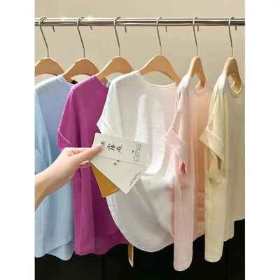 Summer Women Cotton Linen T-shirt Round Neck Thin Short-sleeved Transparent Loose Bottoming T-shirts Tops