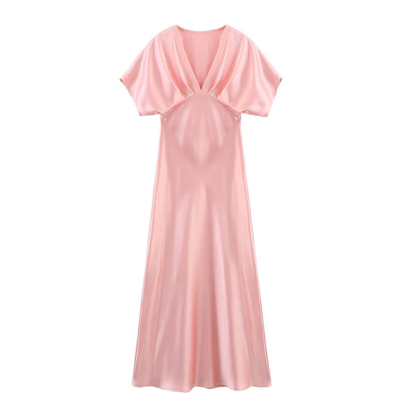 Women's Summer Dress 2025 New Elegant Fashion Slim V-neck Stain Long Dress Women Chic Comfortable Casual Dresses