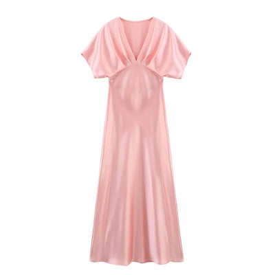 Women's Summer Dress 2025 New Elegant Fashion Slim V-neck Stain Long Dress Women Chic Comfortable Casual Dresses