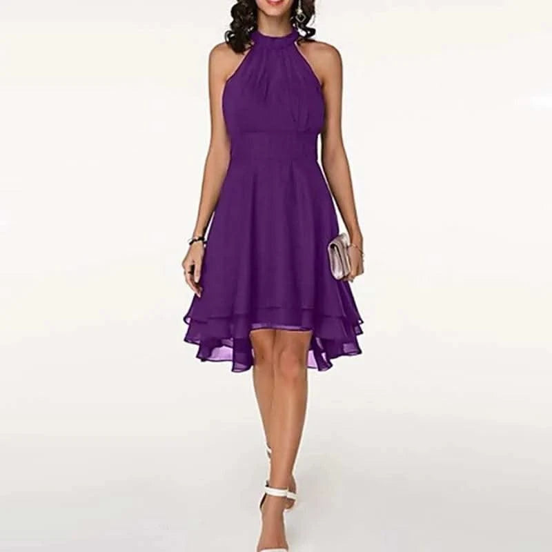 Women Elegant Dress Summer Solid High Waist Halter Sleeveless Midi Dresses Ladies Cropped Layered Chiffon Party Slim Dresses