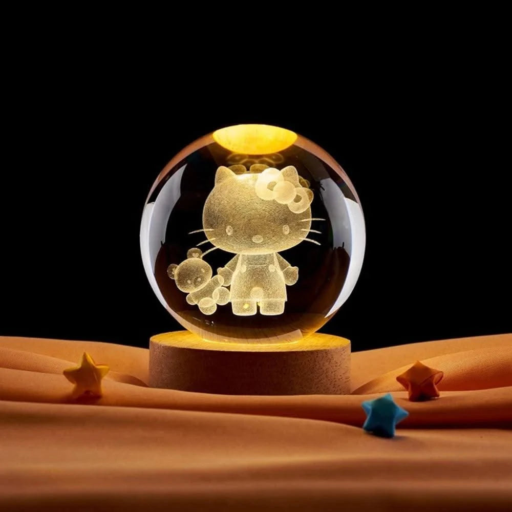 6cm 3D Crystal Ball Stitch Pikachu Doraemon A Dream Hello Kitty Crystal Planet Night Light Laser Carving Children's Gifts