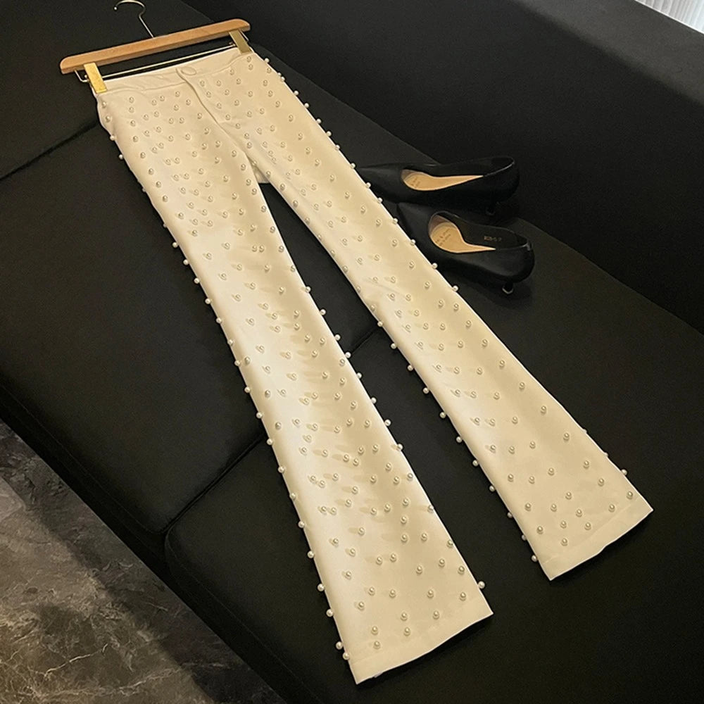 TWOTWINSTYLE Spliced Pearl Solid Two Piece Sets For Women Lapel Long Sleeve Top High Waist Pants Elegant Set Female KSE534390