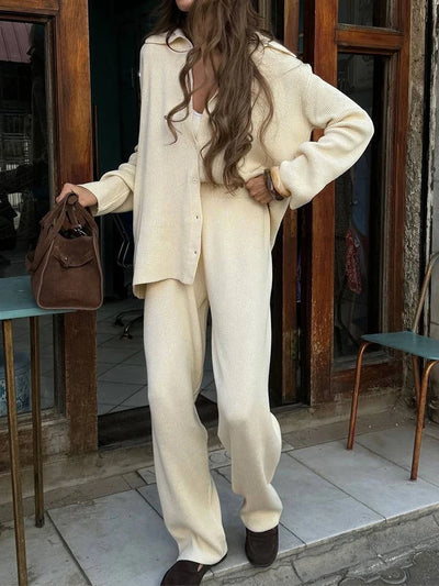 2025 Autumn Street Outfits Knitted Cardigan Pants Sets Women Single Breasted Lapel Sweater High Waist Wide Leg Trousers Suit