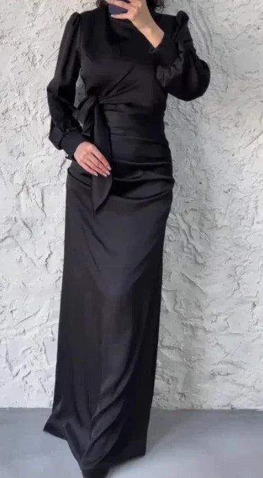 Dresses for Women 2024 Autumn Elegant Fashion Temperament Commuting Long Sleeves Round Neck Skinny Satin Party Evening Dress