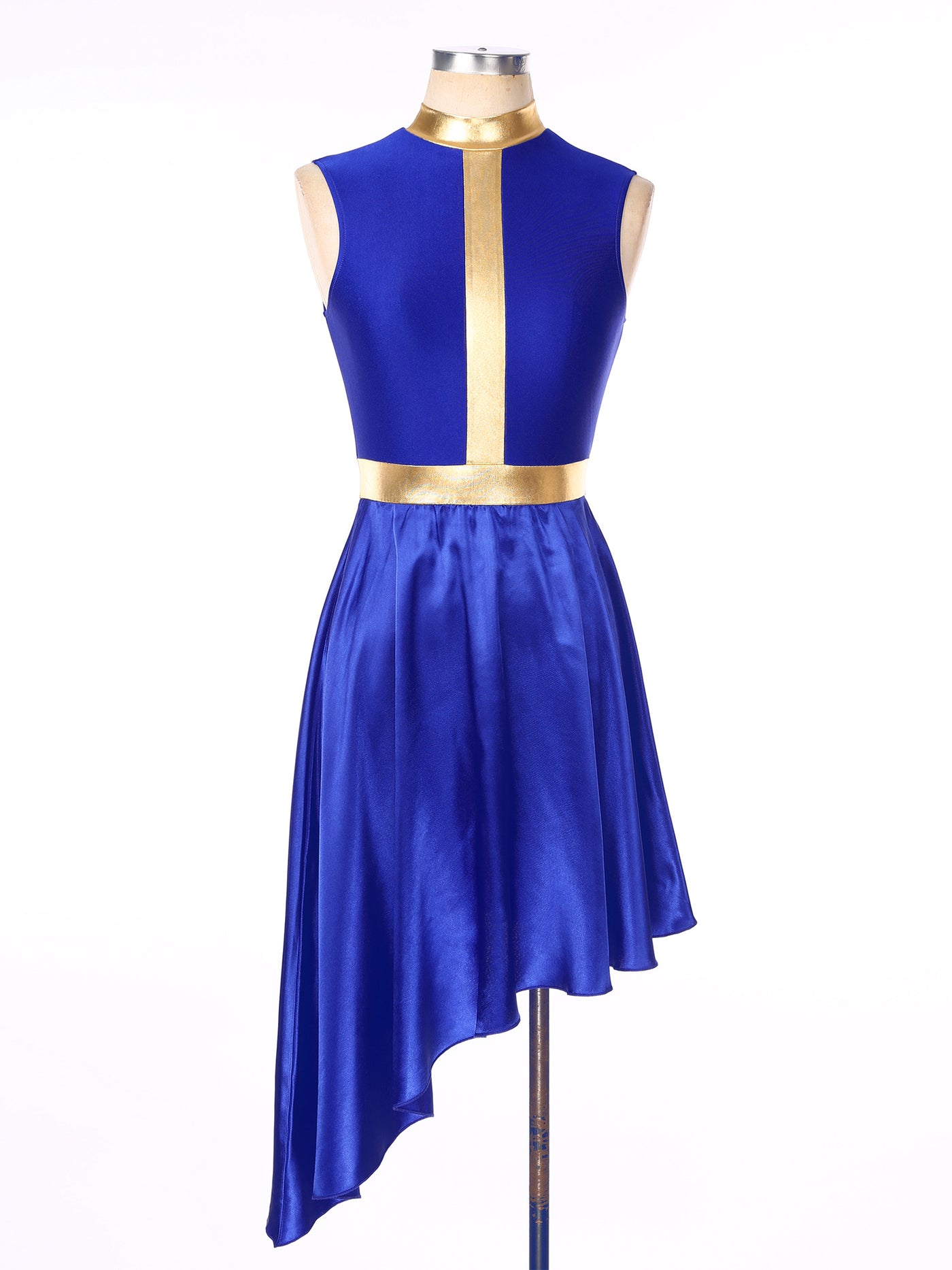 Women Lyrical Dance Dress Color Block Patchwork Invisible Zipper Back Flowy Asymmetrical Hem Sleeveless Dresses Dancewear