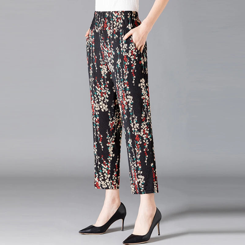 XL-8XL Summer Women Harem Pants Casual High Waist Pants Printed Elastic Waist Middle Aged Women Trousers Summer Bottoms