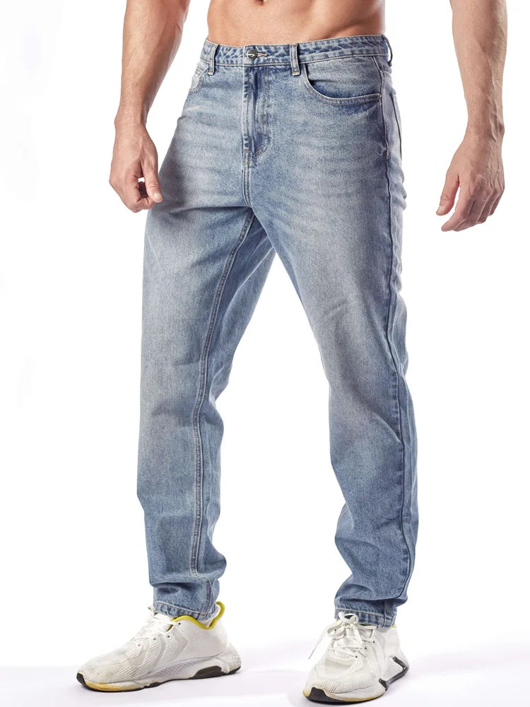 Men's Straight Leg Denim Jeans Male Casual Mid-Waist with Pockets Pants Non-Stretching Outdoor Cotton Fashion Trousers AM-4