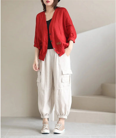 Fashion Cotton Linen Short Jacket For Women Spring Autumn New  Retro Loose V-Neck Thin Casual Top Coat Sunscreen Clothing