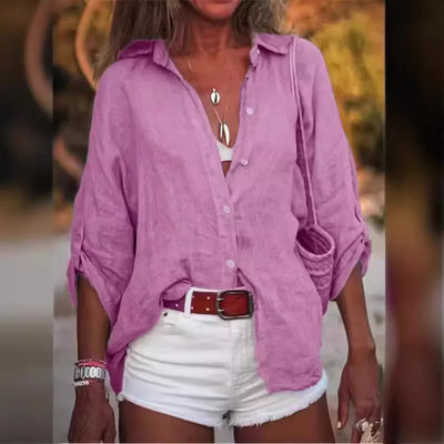 Women Cotton Linen Blouse Shirt Summer Female Turn Down Collar Three Quarter Loose Blouse Tops Woman shirts & blouses