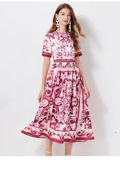Women Maxi Chiffon Dress Summer Bohemian Rabbits Flower Porcelain Print Clothing Floor Length Flare Sleeve Long Vestidos