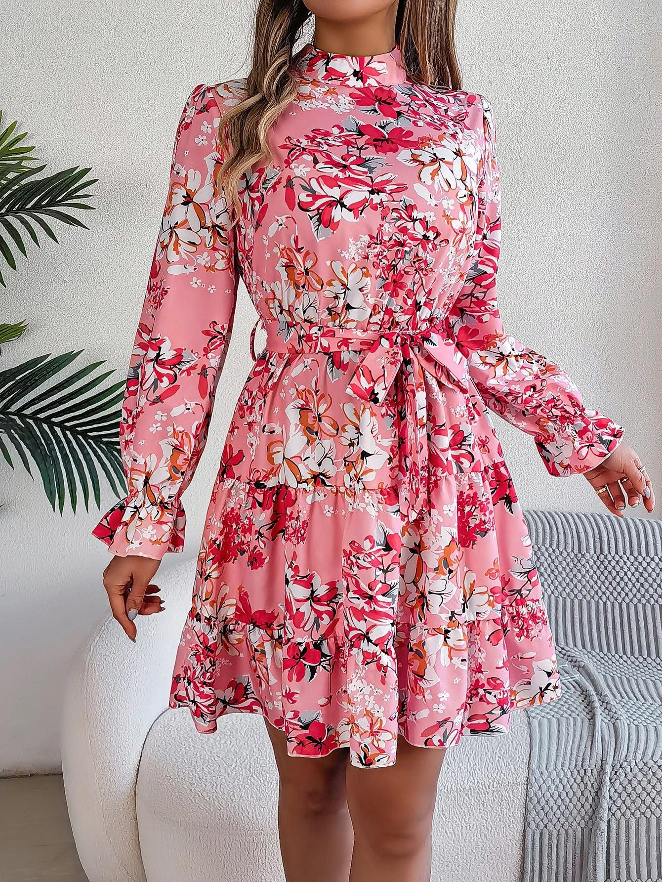 Spring Summer Flower Print Standing Neck Long sleeved Dresses for Women Ruffle Edge A-line Dress