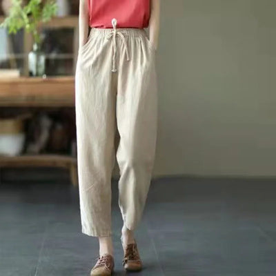 2024 Spring Summer Cotton Linen Pants Women Solid Color Casual Ankle-length Pant Woman Lace-up Waist Loose Trousers