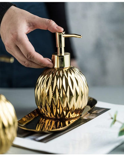 Luxury Gold Soap Dispenser with Press handle  Ceramic Dispenser Silver Dispenser with stainless steel Tray Bathroom Accessory
