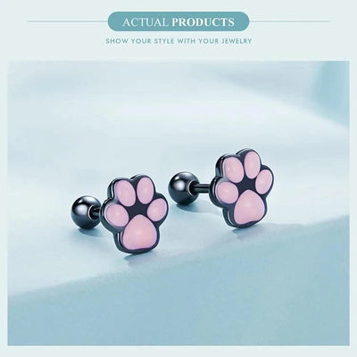 WOSTU Real 925 Sterling Silver Cat Ear Hoop Earrings For Women Lovely Pink Cute Pet Paw Studs Clips Girl Unique Jewelry Gift