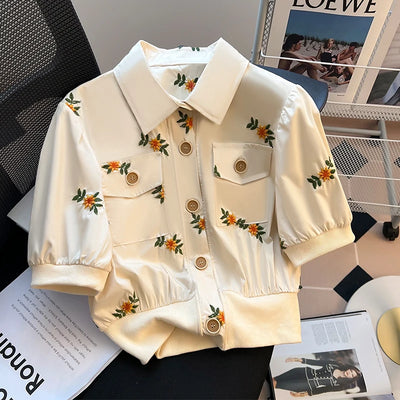 Summer Cotton Linen Frence Women Aesthetic Shirts High Quality Embroidery Floral Puff Sleeve Single Breasted Lapel Polo Collar