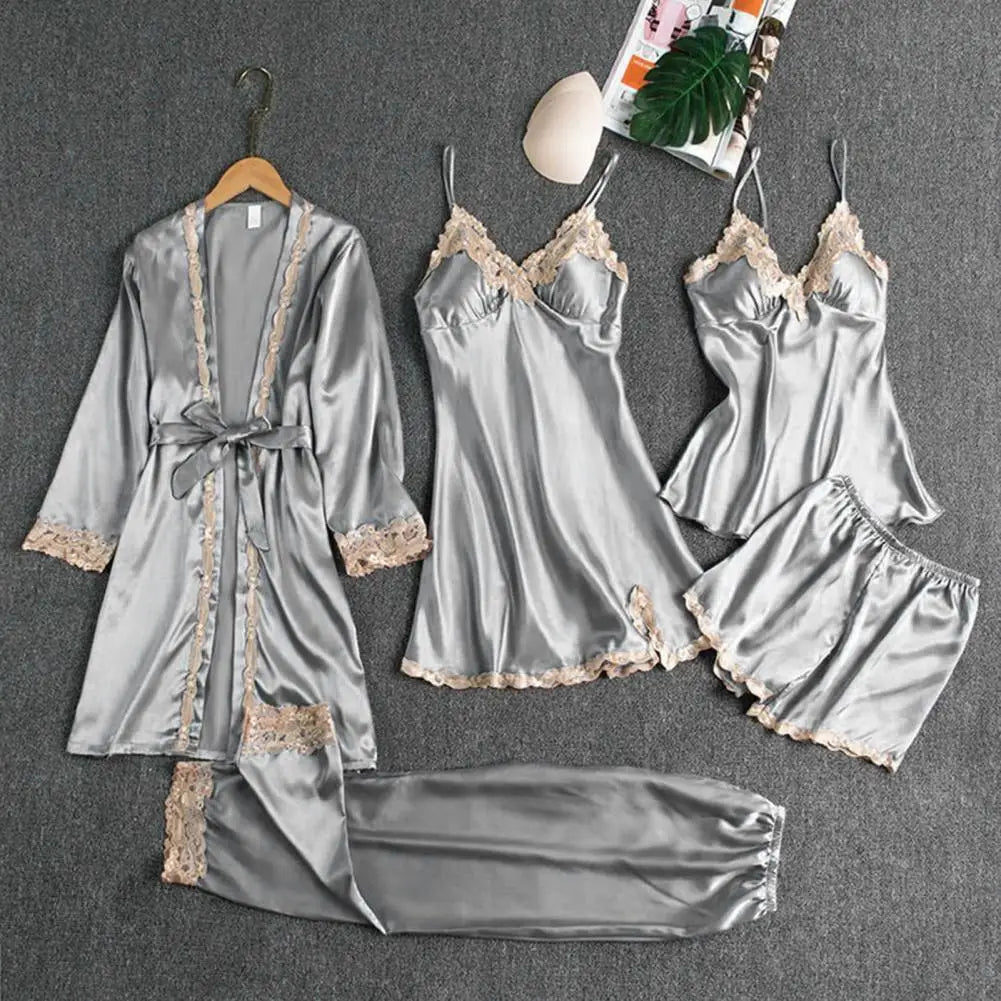 Women's Summer Sexy Pajama Pants Set 5 Pieces Nightgown Nightdress Top Shorts Pants Set Lace Satin Silk Sleepwear Robe Sleepwear