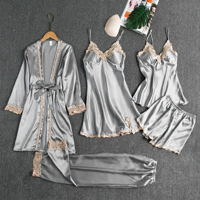 Women's Summer Sexy Pajama Pants Set 5 Pieces Nightgown Nightdress Top Shorts Pants Set Lace Satin Silk Sleepwear Robe Sleepwear