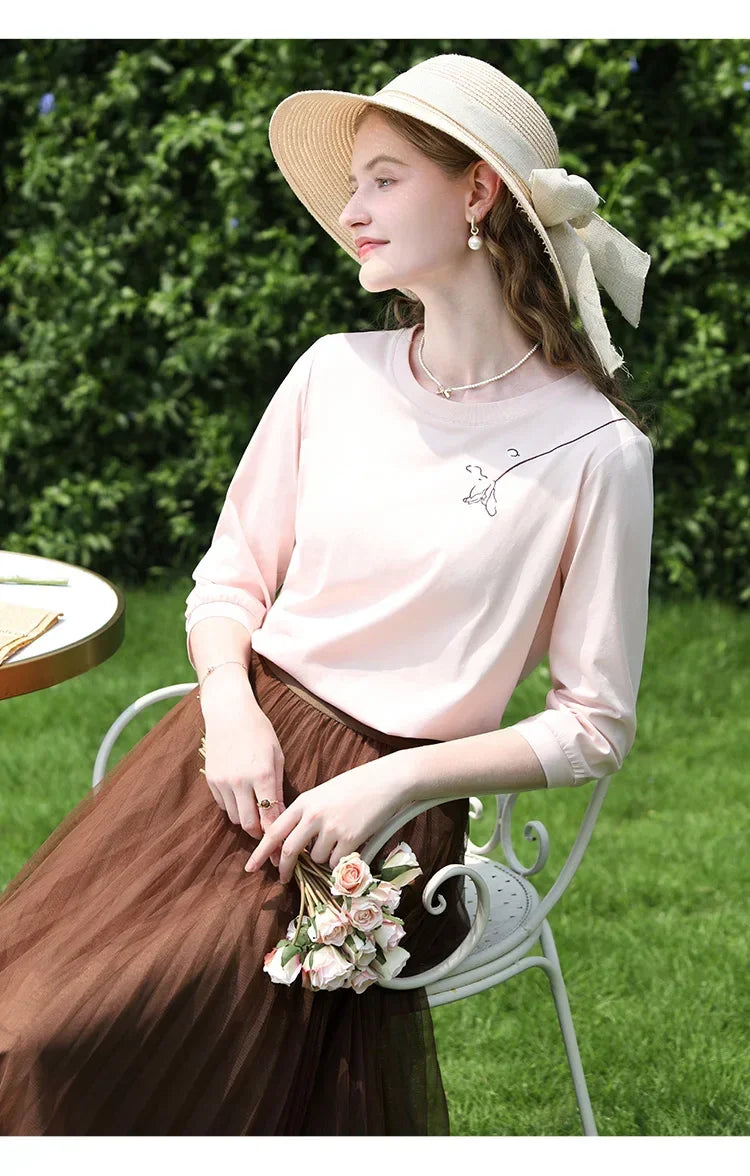 I BELIEVE YOU T-shirts for Women 2024 Autumn New Graphic Gentle Embroidery Three Quarter Sleeve Chic Base Clothing 2243015764