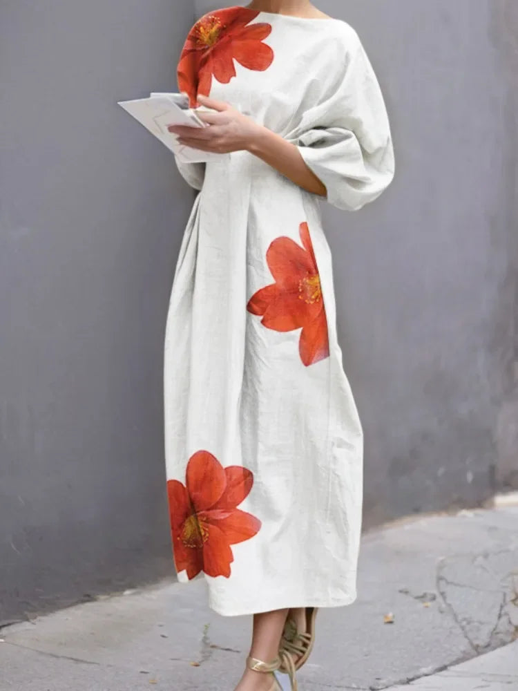 Women's Summer Dresses 2025 Evening Dress Fashion Half Sleeves Loose Flower Print Round-Neck Midi Dresses Female Clothes