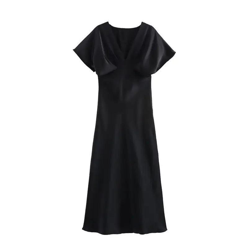 Women's Summer Dress 2025 New Elegant Fashion Slim V-neck Stain Long Dress Women Chic Comfortable Casual Dresses