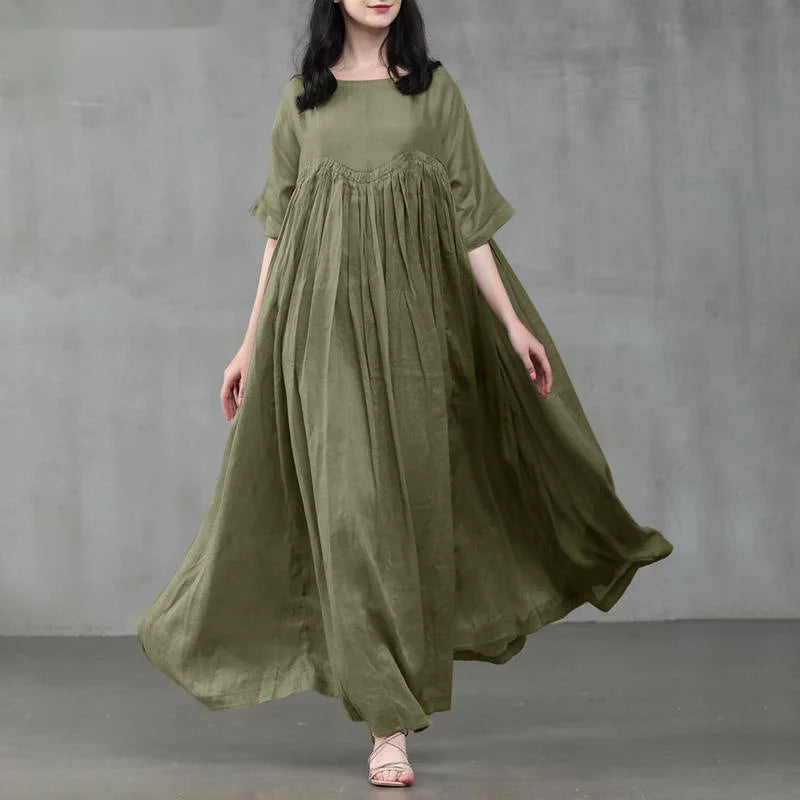 Summer Dresses Women 2023 Casual Fashion Solid Color Round Neck Pleated Cotton Linen Long Dress Elegant Dresses for Women Robe