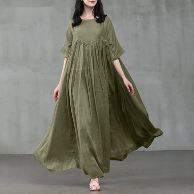 Summer Dresses Women 2023 Casual Fashion Solid Color Round Neck Pleated Cotton Linen Long Dress Elegant Dresses for Women Robe