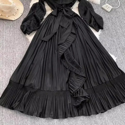 Women's V Neck Ruffles Splice Lantern Sleeve High Stretch Oversized Dresses Miyake Maxi Pleated 2025 Spring Long Party Clothing