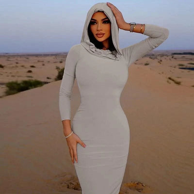 Hooded Long Dress For Women Y2k Clothes Sexy Streetwear Long Sleeve Bodycon Vestidos De Mujer Solid Robe Femme Été Back Split