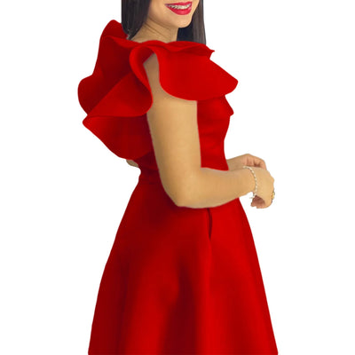 Elegant Party Dresses for Women V Neck Ruffles Sleeve High Waisted A Line Mid Calf Luxury Birthday Dinner Vestidos Mujer Dress