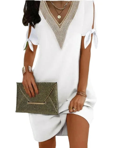 Elegant Dresses For Women V Neck Off Shoulder Patchwork Design Casual Office Lady Mini Dress White Loose Beach Holiday Dress y2k
