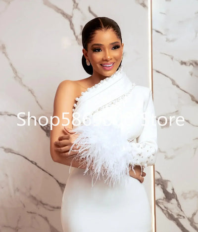 Short beach Wedding Dresses aso ebi Pearls One Shoulder Feather Bridal Gowns African Vestidos robes de soirée customsized