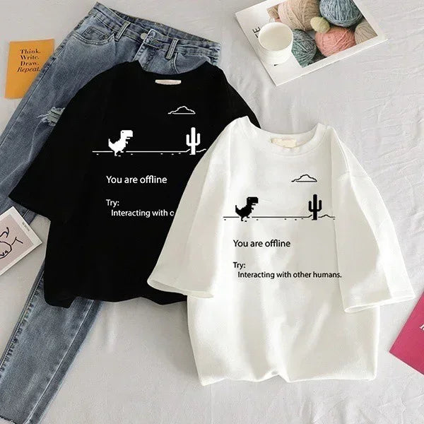 Summer Casual Women T-shirts Ulzzang Streetwear Kawaii Cartoon Dinosaur Print Tshirt Korean Style Tops Harajuku Short