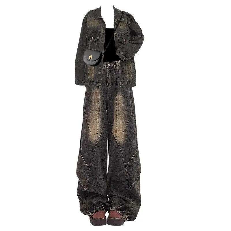 Women's Spring Autumn Cool Denim Coat Pants Two Piece Set Lady Casual Jacket Trousers Outfits 2025 New Punk Tops Jeans Suits