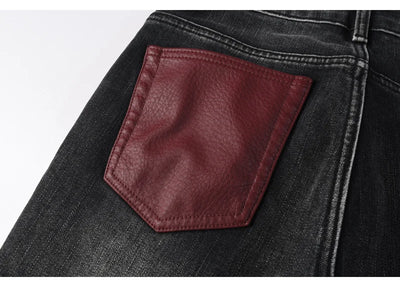 Fashionable new men's jeans with pleats, washed water, nostalgic perforations, red patches, men's black and gray jeans, high str