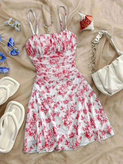 Women's Summer Elegant Floral Mini Dresses Fashion Fold High Waist Slim A-Line Dress Lady Sexy Backless Spaghetti Strap Sundress