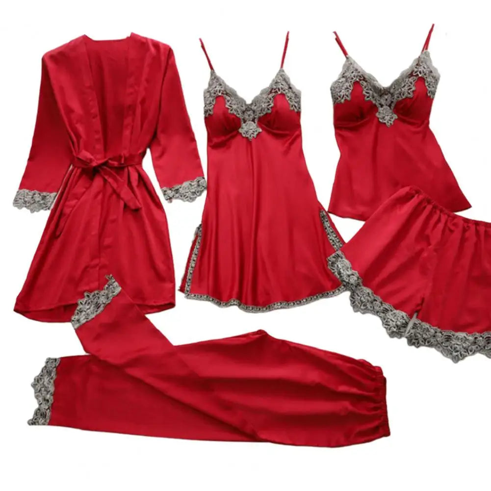 5-piece Loungewear Set Silky Satin Lace Patchwork Women's Pajamas Set with Top Shorts Pants Loose Lace-up Waist Homewear