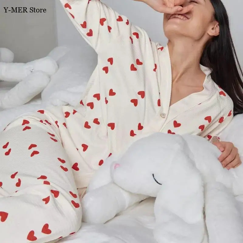 Love Pattern Waffle Pajamas Women Loungewear Set Cardigan Homewear Lady Long Sleeve Top Pant Nightwear 2025 Autumn Spring New