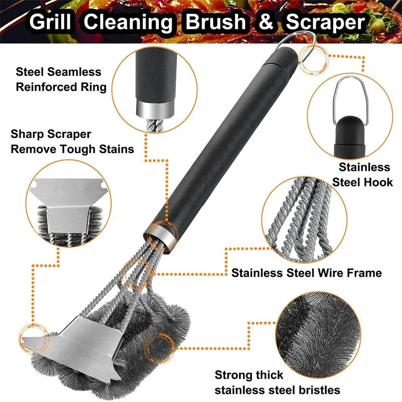 BBQ Grill Barbecue Kit Cleaning Brush Stainless Steel Cooking Tools Kitchen Accessories Wire Bristles Triangle Cleaning Brushes
