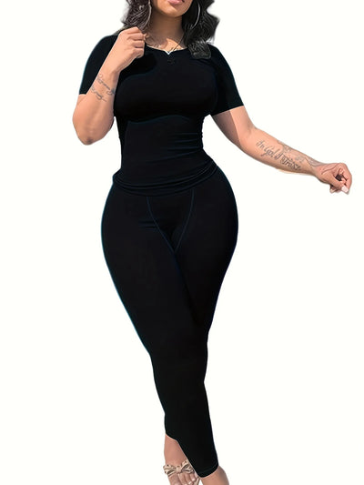 New style Lounge Wear Ribbed Casual 2 Piece Summer Shorts Set For Women Sleeve Top+Elastic Leggings Outfits
