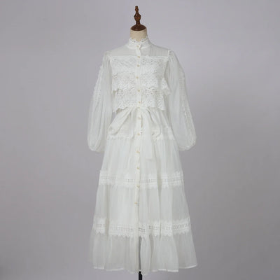 Luxury Long Dresses Women 2025 Spring Summer Embroidery Ruffle Lace Pearl Hollow Out Party Midi Dress Shirt Full Sleeve Vestidos