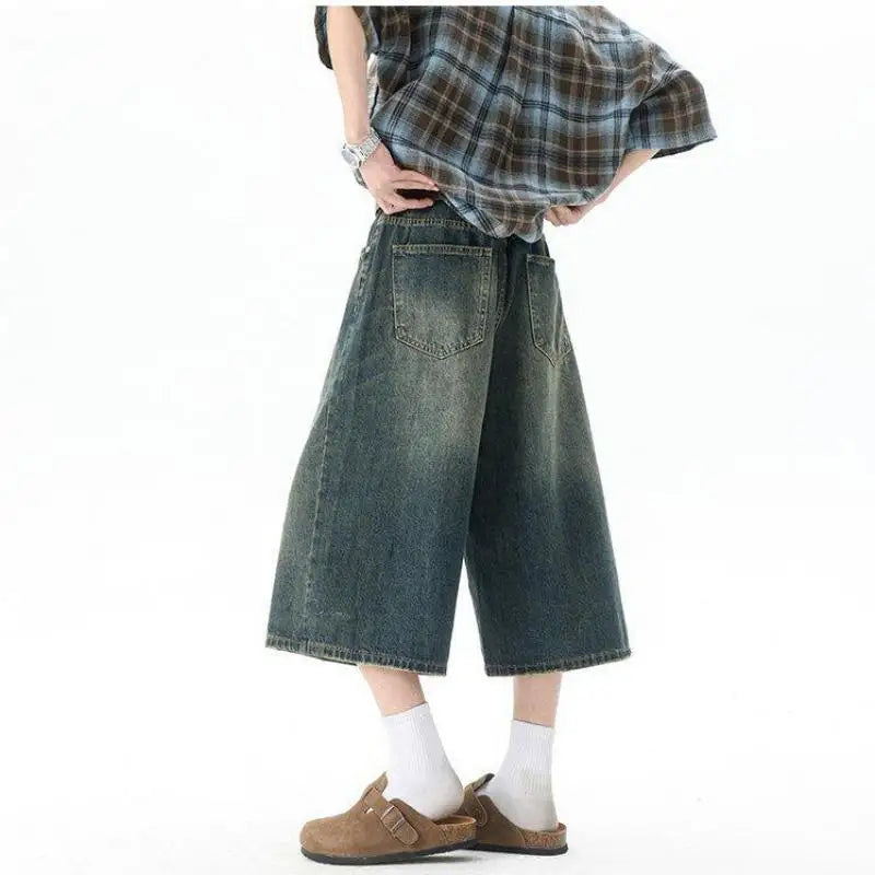 Trendy High-Waisted Wide-Leg Cropped Jeans for Men 2025 Summer Casual Stretch Denim Capri Pants Comfort Fit & Stylish Outfit 8XL