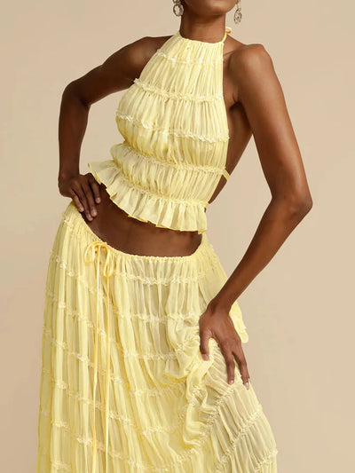 2025 Women Summer Loungewear Suits, Halter Short Top Maxi Skirts 2PCS Matching Sets, White Color Fashion Backless Ladies Outfit