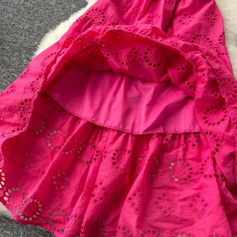 French Vintage Hollow Out Embroidery Butterfly Bow Bandage Slip Dress A-line Chic Casual Beach Vacation Women Summer Dresses