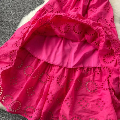 French Vintage Hollow Out Embroidery Butterfly Bow Bandage Slip Dress A-line Chic Casual Beach Vacation Women Summer Dresses