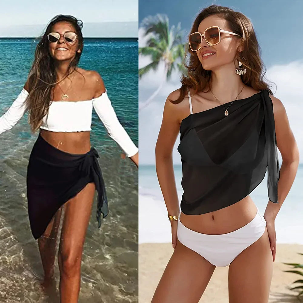 Swimsuit Coverups for Women Ruffle Hem Sarong Beach Bikini Wrap Sheer Short Skirt Chiffon Scarf for Swimwear