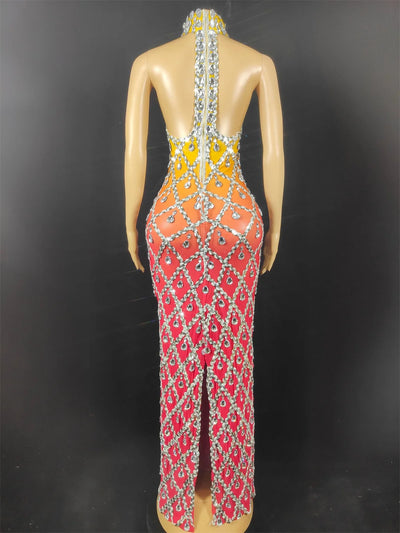 Women Sexy Stage Shining Rhinestone Sequins Dress Evening Prom Birthday Dress Transparent Performance Singer Club Host Dress