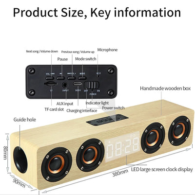 Wireless Bluetooth 5.0 Speakers For Computers Wooden Alarm Clock Display Sound System Player with AUX TF FM Radio Subwoofer Box